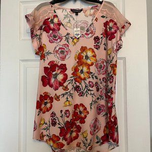 Pink Floral Cap Sleeve Express Blouse - Size M